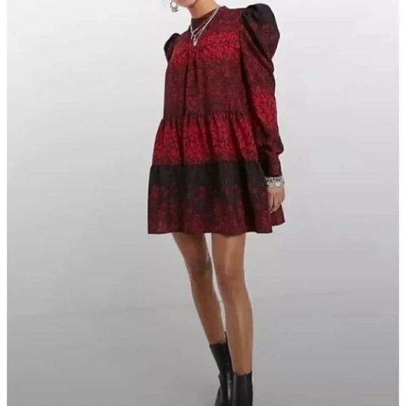 Topshop Size 2 Tiered Hem Long Puff Sleeve Shift Mini Dress Floral Red Black NEW - Picture 1 of 11